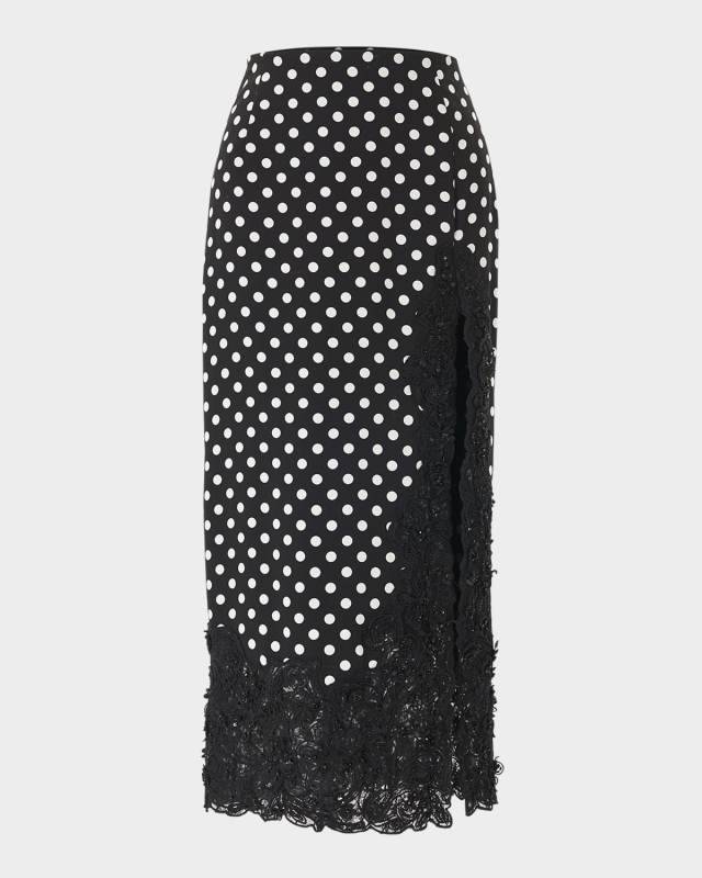 Polka-Dot Lace Slit Midi Skirt
